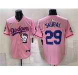 Men's Los Angeles Dodgers #29 Tarik Skubal Pink Hello Kitty Night 2025 World Series Champions Patch Stitched Baseball Jersey