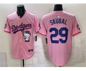 Men's Los Angeles Dodgers #29 Tarik Skubal Pink Hello Kitty Night 2025 World Series Champions Patch Stitched Baseball Jersey