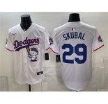 Men's Los Angeles Dodgers #29 Tarik Skubal White Hello Kitty Night 2025 World Series Champions Patch Limited Stitched Baseball Jersey