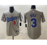 Mens Los Angeles Dodgers #3 Edwin DÃaz Grey With 2025 World Series Champions Patch Limited Stitched Baseball Jersey