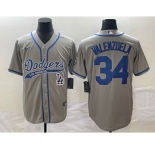 Men's Los Angeles Dodgers #34 Fernando Valenzuela Grey With Patch Cool Base Stitched Baseball Jersey
