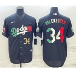 Men's Los Angeles Dodgers #34 Fernando Valenzuela Number Mexico Black Cool Base Stitched Baseball Jersey