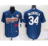 Mens Los Angeles Dodgers #34 Fernando Valenzuela Number Navy Blue Pinstripe 2020 World Series Cool Base Nike Jersey