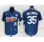 Mens Los Angeles Dodgers #35 Cody Bellinger Number Navy Blue Pinstripe Mexico 2020 World Series Cool Base Nike Jersey