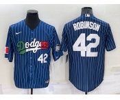 Men's Los Angeles Dodgers #42 Jackie Robinson Number Navy Blue Pinstripe 2020 World Series Cool Base Nike Jersey