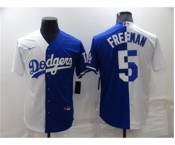 Mens Los Angeles Dodgers #5 Freddie Freeman White Blue Split Cool Base Stitched Baseball Jersey