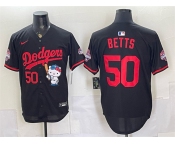 Men's Los Angeles Dodgers #50 Mookie Betts Black Hello Kitty Night 2025 World Series Champions Patch Stitched Baseball Jersey
