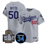 Men's Los Angeles Dodgers #50 Mookie Betts Grey 2024 World Series With Fernando Memorial Patch Limited Stitched Baseball Jersey