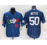 Mens Los Angeles Dodgers #50 Mookie Betts Number Navy Blue Pinstripe 2020 World Series Cool Base Nike Jersey