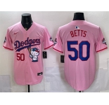 Men's Los Angeles Dodgers #50 Mookie Betts Pink Hello Kitty Night 2025 World Series Champions Patch Stitched Baseball Jersey