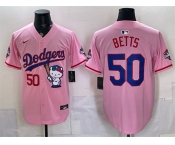 Men's Los Angeles Dodgers #50 Mookie Betts Pink Hello Kitty Night 2025 World Series Champions Patch Stitched Baseball Jersey