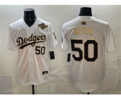 Men's Los Angeles Dodgers #50 Mookie Betts White Gold 2025 World Series Patch Limited Stitched Baseball Jersey