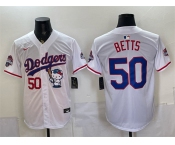 Men's Los Angeles Dodgers #50 Mookie Betts White Hello Kitty Night 2025 World Series Champions Patch Stitched Baseball Jersey