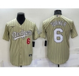 Men's Los Angeles Dodgers #6 Trea Turner Number Cream Pinstripe Stitched MLB Cool Base Nike Jersey