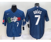 Mens Los Angeles Dodgers #7 Julio Urias Number Navy Blue Pinstripe 2020 World Series Cool Base Nike Jersey