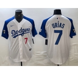 Mens Los Angeles Dodgers #7 Julio Urias Number White Blue Fashion Stitched Cool Base Limited Jersey