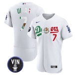Men's Los Angeles Dodgers #7 Julio Urias White Mexico Special Vin Scully Patch Flex Base Stitched Baseball Jersey
