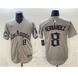 Men's Los Angeles Dodgers #8 Enrique Hernández Grey LA Gothic Style With 2025 World Series Champions Patch Limited Stitched Baseball Jersey