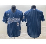 Men's Los Angeles Dodgers Blue Pinstripe Blank With Patch Cool Base Stitched Baseball Jersey