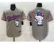 Men's Los Angeles Dodgers Team Big Logo Grey Hello Kitty Night 2025 World Series Champions Patch Stitched Baseball Jersey