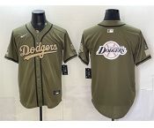 Men's Los Angeles Dodgers Team Big Logo Olive 2026 Armed Forces Day Stitched Baseball Jersey