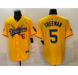 Men's Los Angeles Dodgers x One Piece #5 Freddie Freeman Yellow Vapor Premier Limited Stitched Baseball Jersey