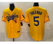 Men's Los Angeles Dodgers x One Piece #5 Freddie Freeman Yellow Vapor Premier Limited Stitched Baseball Jersey