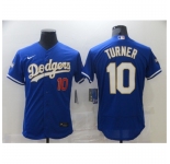 Men's Nike Los Angeles Dodgers #10 Justin Turner Blue Elite Game Champions Authentic Jersey