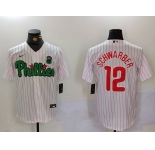 Men's Philadelphia Phillies #12 Kyle Schwarber White Green Cool Base Stitched Jersey