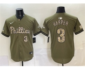 Men's Philadelphia Phillies #3 Bryce Harper Olive 2026 Armed Forces Day Stitched Jersey