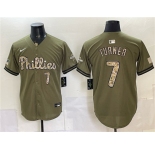 Men's Philadelphia Phillies #7 Trea Turner Olive 2026 Armed Forces Day Stitched Jersey