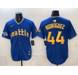 Men's Seattle Mariners #44 Julio RodrÃguez Royal With 2025 AL West Division Champions Patch City Connect Limited Stitched Baseball Jersey