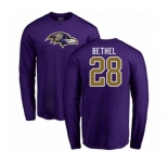 Football Baltimore Ravens #28 Justin Bethel Purple Name & Number Logo Long Sleeve T-Shirt