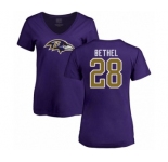 Football Women's Baltimore Ravens #28 Justin Bethel Purple Name & Number Logo T-Shirt