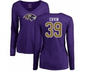 Football Women's Baltimore Ravens #39 Tyler Ervin Purple Name & Number Logo Long Sleeve T-Shirt