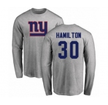 Football New York Giants #30 Antonio Hamilton Ash Name & Number Logo Long Sleeve T-Shirt
