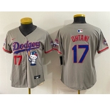 Women's Los Angeles Dodgers #17 Shohei Ohtani Grey Hello Kitty Night 2025 World Series Champions Patch Stitched Baseball Jersey