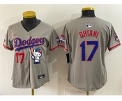 Women's Los Angeles Dodgers #17 Shohei Ohtani Grey Hello Kitty Night 2025 World Series Champions Patch Stitched Baseball Jersey