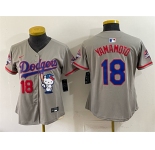 Women's Los Angeles Dodgers #18 Yoshinobu Yamamoto Grey Hello Kitty Night 2025 World Series Champions Patch Stitched Baseball Jersey