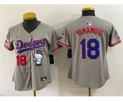 Women's Los Angeles Dodgers #18 Yoshinobu Yamamoto Grey Hello Kitty Night 2025 World Series Champions Patch Stitched Baseball Jersey