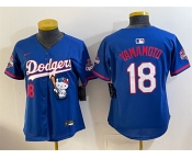 Women's Los Angeles Dodgers #18 Yoshinobu Yamamoto Royal Hello Kitty Night 2025 World Series Champions Patch Stitched Baseball Jersey