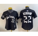 Women's Los Angeles Dodgers #22 Clayton Kershaw Black 2025 World Series Champions LA Gothic Edition Limited Stitched Baseball Jersey