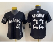 Women's Los Angeles Dodgers #22 Clayton Kershaw Black 2025 World Series Champions LA Gothic Edition Limited Stitched Baseball Jersey