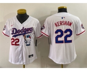 Women's Los Angeles Dodgers #22 Clayton Kershaw White Hello Kitty Night 2025 World Series Champions Patch Stitched Baseball Jersey