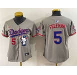Women's Los Angeles Dodgers #5 Freddie Freeman Grey Hello Kitty Night 2025 World Series Champions Patch Stitched Baseball Jersey