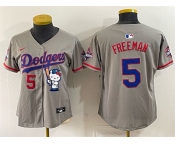 Women's Los Angeles Dodgers #5 Freddie Freeman Grey Hello Kitty Night 2025 World Series Champions Patch Stitched Baseball Jersey