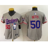 Women's Los Angeles Dodgers #50 Mookie Betts Grey Hello Kitty Night 2025 World Series Champions Patch Stitched Baseball Jersey