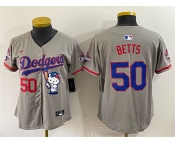 Women's Los Angeles Dodgers #50 Mookie Betts Grey Hello Kitty Night 2025 World Series Champions Patch Stitched Baseball Jersey