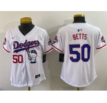 Women's Los Angeles Dodgers #50 Mookie Betts White Hello Kitty Night 2025 World Series Champions Patch Stitched Baseball Jersey