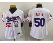 Women's Los Angeles Dodgers #50 Mookie Betts White Hello Kitty Night 2025 World Series Champions Patch Stitched Baseball Jersey